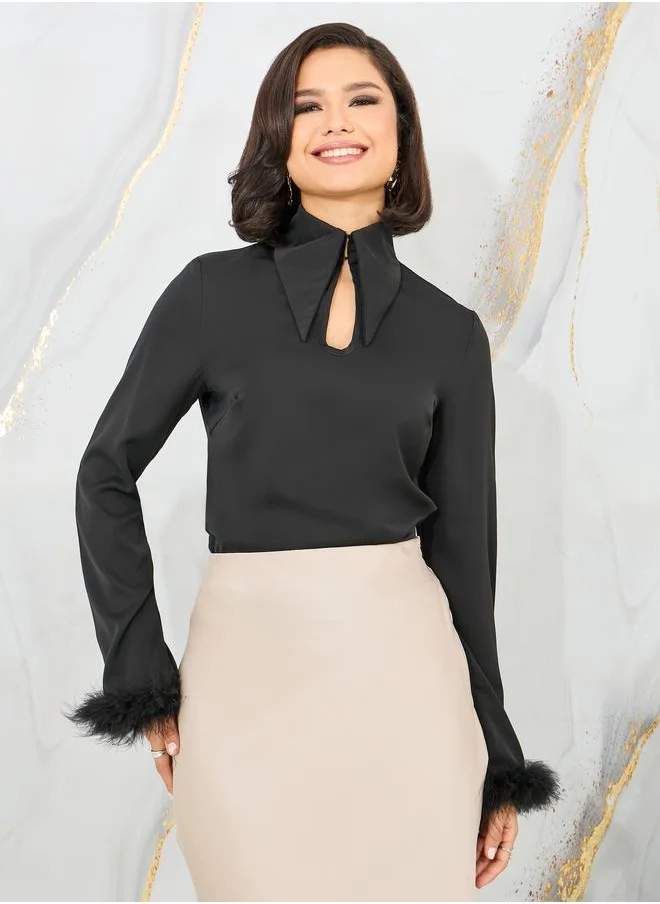 Styli Faux Fur Trim Sleeves Pointed Tip Collared Top