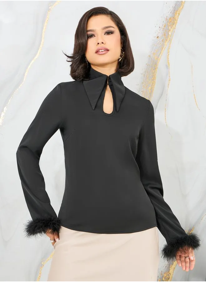 Styli Faux Fur Trim Sleeves Pointed Tip Collared Top