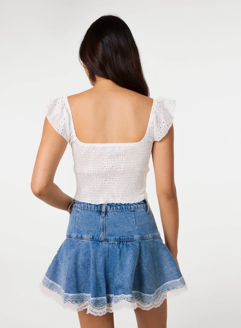 بينك فانيلا Broderie Frill Sleeve Top
