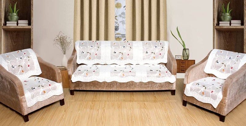 HOMECROWN Net Fabric Floral Pattern French Lace 5 Seater Sofa Set Cover Beautiful Polyester Cotton Blended 32 Seater Sofa Cover for 3 Seater and 2 Seaters White 69 x 178 cm - Image 1
