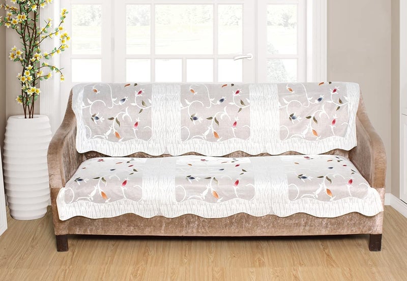 HOMECROWN Net Fabric Floral Pattern French Lace 5 Seater Sofa Set Cover Beautiful Polyester Cotton Blended 32 Seater Sofa Cover for 3 Seater and 2 Seaters White 69 x 178 cm - Image 2