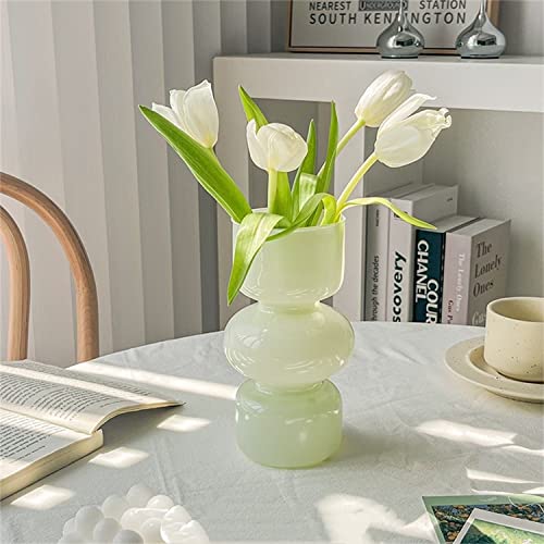 JSPYFITS Glass Hydroponic Flower Vase 7 Inches Colored Glasses Bubble Vases for Flowers ThreeLayer Glass Funky Vase for HomeOfficeWeddingsParty Table Flowers Decor Milky Green