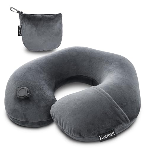 Keemall Inflatable Travel Neck Pillow, Super Soft Plane Neck Support Pillow for Travel Ariplane Sleep Support, Adjustable Neck Cushion Headrest Pillow, Folds Up Nicely, Black Grey - Image 1