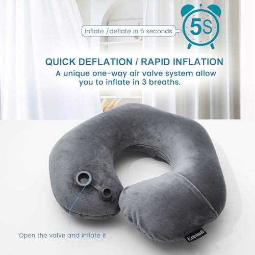 Keemall Inflatable Travel Neck Pillow, Super Soft Plane Neck Support Pillow for Travel Ariplane Sleep Support, Adjustable Neck Cushion Headrest Pillow, Folds Up Nicely, Black Grey - Image 3