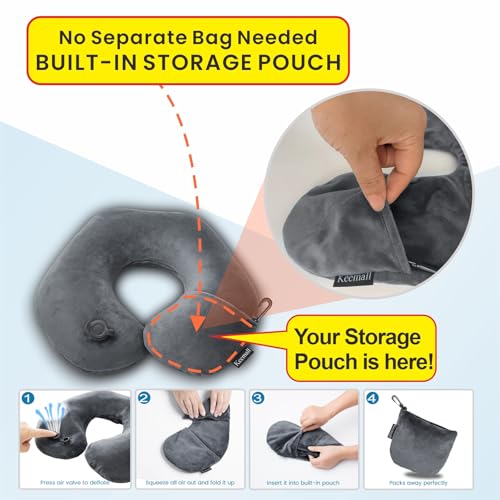 Keemall Inflatable Travel Neck Pillow, Super Soft Plane Neck Support Pillow for Travel Ariplane Sleep Support, Adjustable Neck Cushion Headrest Pillow, Folds Up Nicely, Black Grey - Image 2