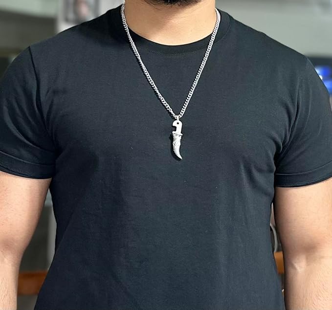 TEYRAH Silver Khanda Kirpan Pendant Jewellery For Men Necklace Sikh Neck Chain Khanda With Silver Chain Sikhism Pendant For Sikh Fashion Accessory Kirpans For Airport - Image 2