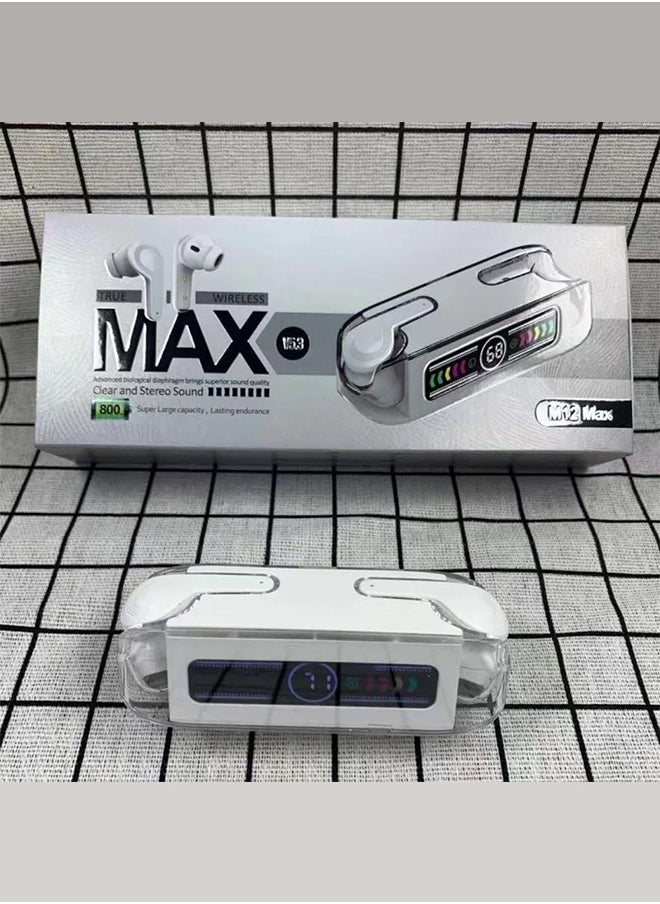 CATANES - M12 MAX Wireless Bluetooth Headset Transparent Digital Display Color Screen Touching Type Long Battery Life Headset Game Mode Bluetooth Headset White - Image 1