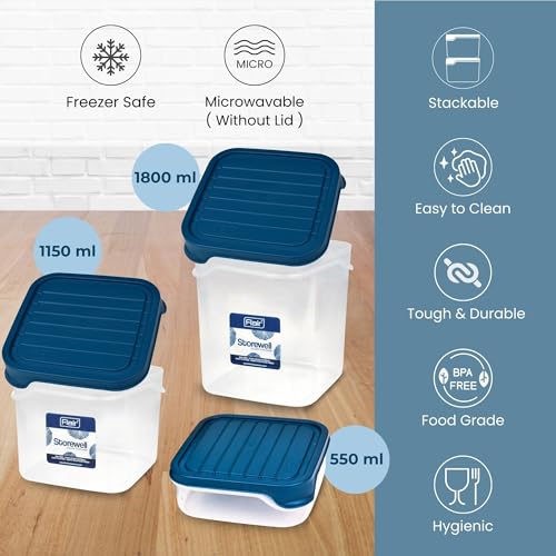 FLAIR Storewell Square Food Storage Containers Set of 3 (550 ML, 1150 ML, 1800 ML)- Blue, Air Tight Containers for Kitchen Storage Ideal kitchen box for Rice, Atta and Grains, BPA-Free, Food Grade - Image 2