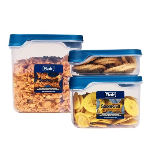 FLAIR Storewell Square Food Storage Containers Set of 3 (550 ML, 1150 ML, 1800 ML)- Blue, Air Tight Containers for Kitchen Storage Ideal kitchen box for Rice, Atta and Grains, BPA-Free, Food Grade - Image 1