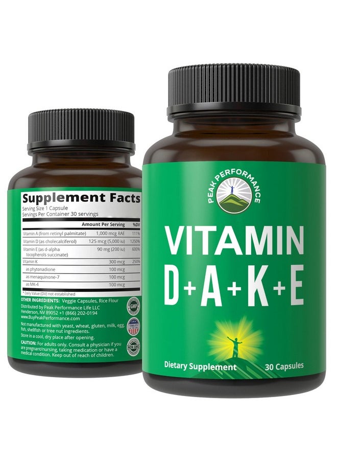 Peak Performance DAKE Vitamin Supplement. Vitamin D 5,000 iu + Vitamin A + Vitamin K + Vitamin E In 1 Vegan Capsule. ADK Vitamin Supplement With E. D3 K2. Essential Vitamins For Mood, Immune, Bone, Vision, Heart  - Image 1