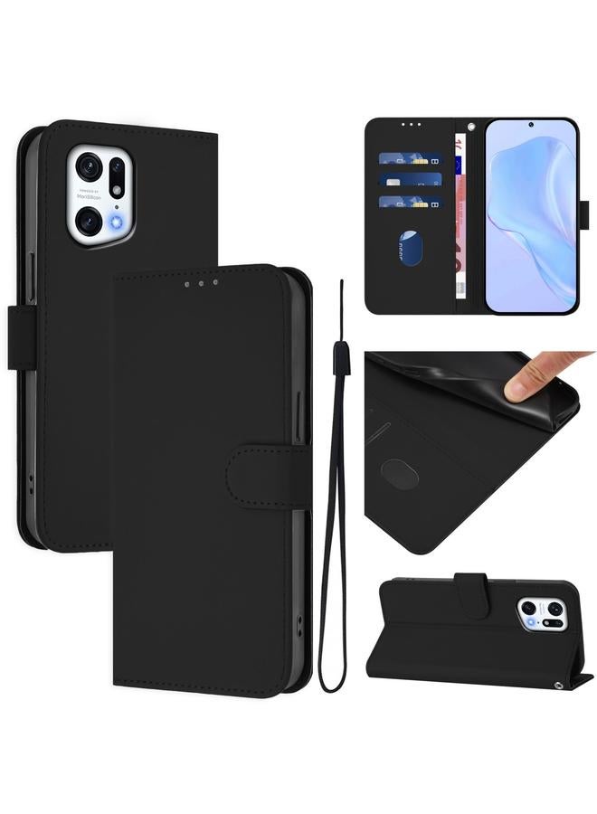 The Bros Case For OPPO Find X5 Pro Skin Feel Solid Color Leather Phone Case with Lanyard