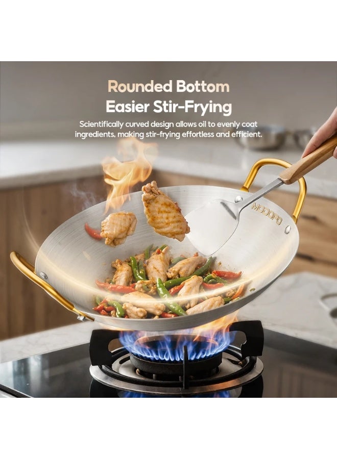 MODOFO 32cm with lid Stainless Steel Double Ear Wok | Large Non-Stick Frying Pan | Kitchen Use - Image 1