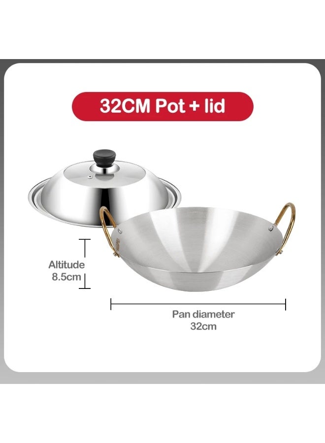 MODOFO 32cm with lid Stainless Steel Double Ear Wok | Large Non-Stick Frying Pan | Kitchen Use - Image 2