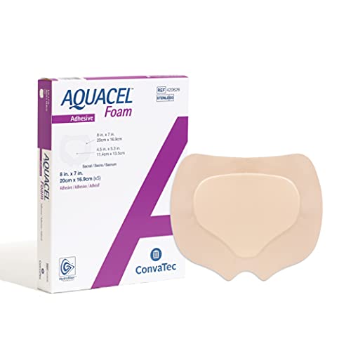 AQUACEL Foam 8x7 Sacral Wound Dressing with Silicone Gel Adhesive Waterproof Flexible Medical Grade with Hydrofiber Technology Sterile Rectangle 5ct Box