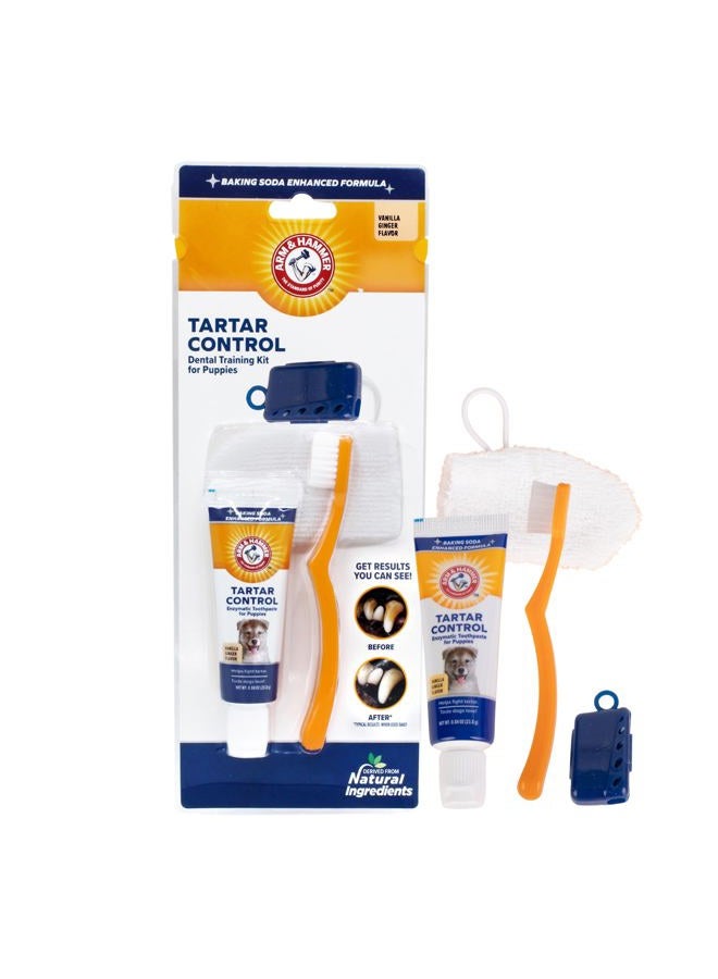 Arm & Hammer طقم تدريب الأسنان للتحكم في الجير للكلاب | فرشاة أسنان للكلاب، معجون أسنان، وفرشاة أصابع، طقم كامل لصحة أسنان الجراء المثالية | نكهة فانيليا زنجبيل اللذيذة - Image 1