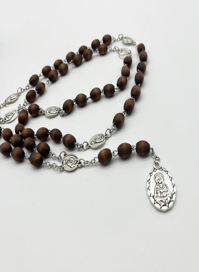 CACALOSS Seven Sorrows of Mary Rosary Chaplet Bitter Rosary Necklace Coffee Colored Wood Beads With A Cross Beads - Image 5