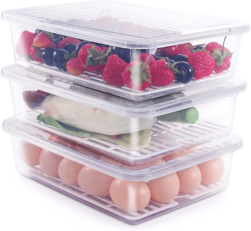 Rylan Plastic Fridge Storage Boxes (Pack Of 2), Fridge Organizer With Removable Drain Plate Tray Keeps Fruits, Vegetables, Meat, Fish Fresh Longer (1500 Ml),White - Image 1