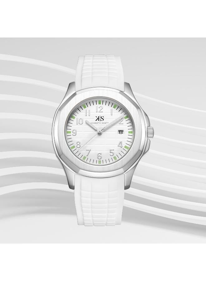 كينيث سكوت ساعة يد رجالية من كينيث سكوت بشاشة تناظرية وسوار سيليكون أبيض - Image 1