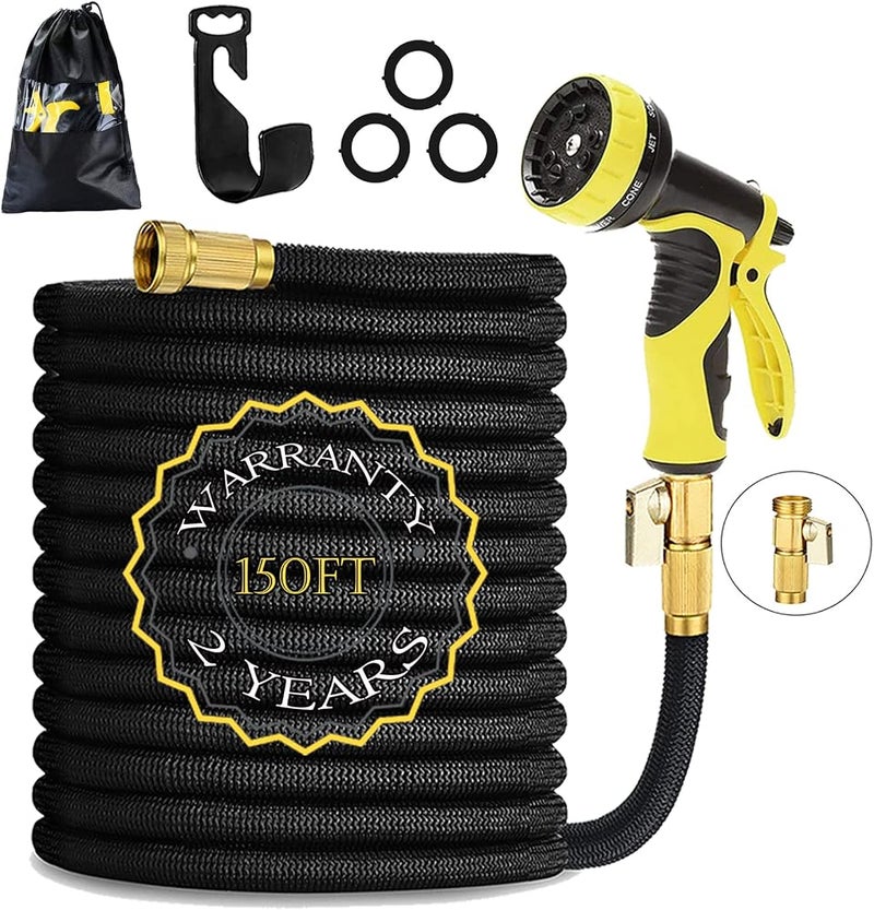 HmiL-U Garden Hose 150ft 45m Strongest Double Latex Inner Tube Prevent Leaking Magic Hosepipe with 9 Function Spray Gun+Solid Brass Fittings (Retracted Length 50ft)【2 YEARS 100% Guaranteed】(150ft) - Image 1