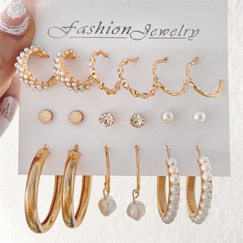 Metal hoop earrings with square geometric shapes, vintage pearl earrings, Audrey Hepburn style earring set, multi-piece - Image 1