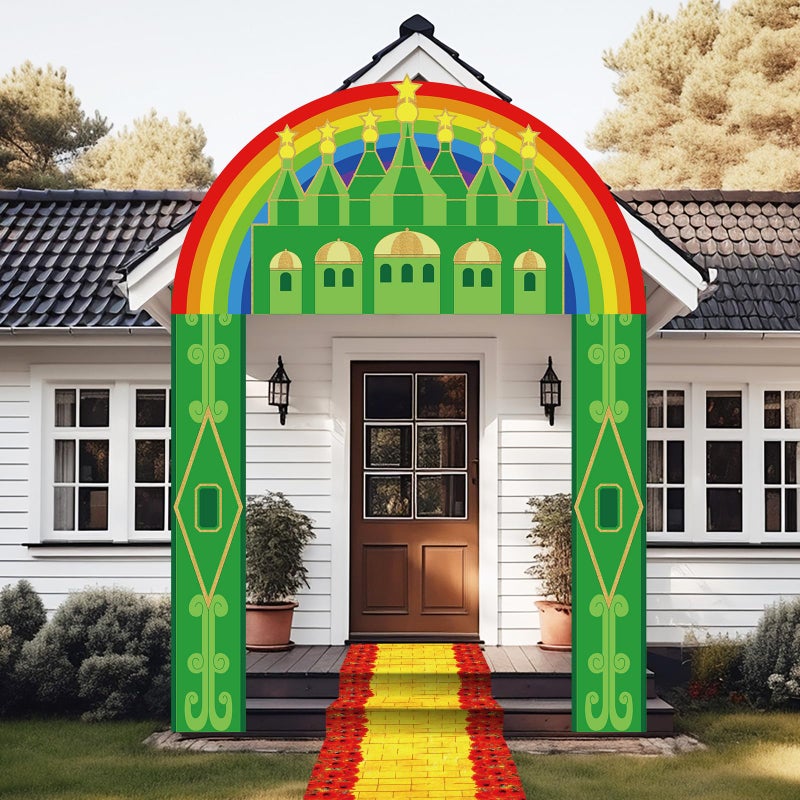 Tingjoo 4 Pcs Emerald Castle Banner Yellow Brick Runner Entryway Party Decorations Emerald Backdrop Hanging Banner Yellow Brick Runner for Birthday Holiday Wizard PartyGreenCastle