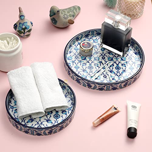 DULI Set of 2 MDF Wood Enamel Coated Multipurpose Trays| Serving Tray for Home & Dining Table | Multipurpose Tray | (7 * 7 & 9 * 9 Inches) (Setof2Round: BlueMoroccan) - Image 2