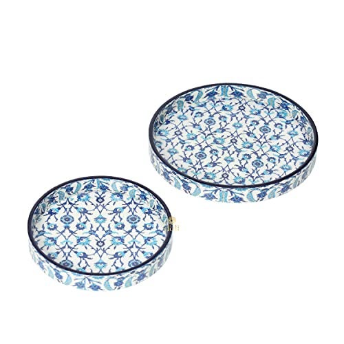 DULI Set of 2 MDF Wood Enamel Coated Multipurpose Trays| Serving Tray for Home & Dining Table | Multipurpose Tray | (7 * 7 & 9 * 9 Inches) (Setof2Round: BlueMoroccan) - Image 3