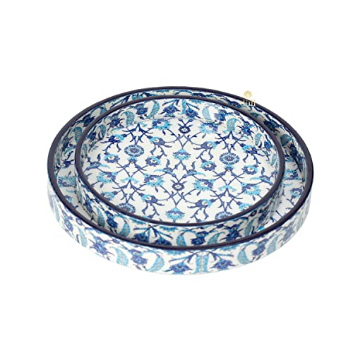DULI Set of 2 MDF Wood Enamel Coated Multipurpose Trays| Serving Tray for Home & Dining Table | Multipurpose Tray | (7 * 7 & 9 * 9 Inches) (Setof2Round: BlueMoroccan) - Image 5