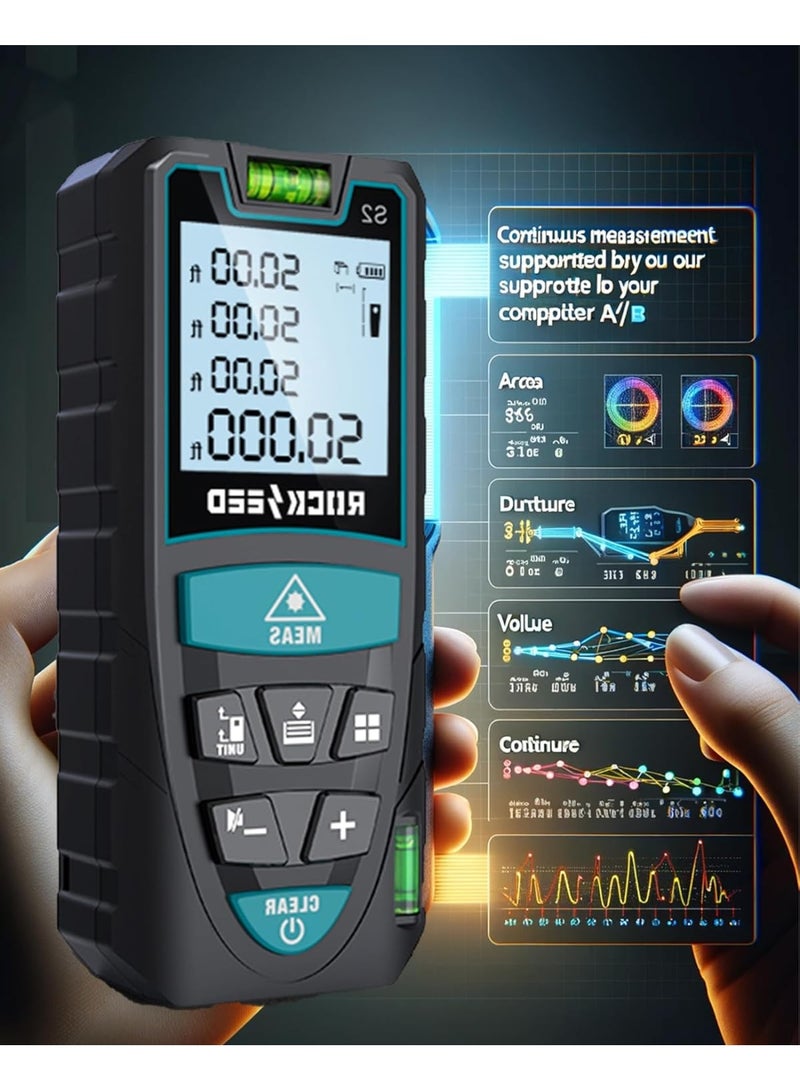 عداد ليزر، 50 متر/165 قدم، عداد مسافة ليزر رقمي مع مستويين فقاعيين، وحدة تبديل م/بوصة/قدم، شاشة LCD بإضاءة خلفية ووضع فيثاغورس، قياس المسافة والمساحة والحجم - Image 3