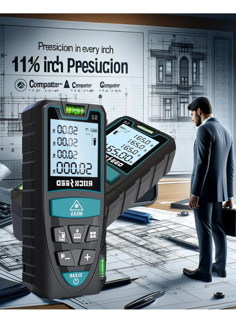 عداد ليزر، 50 متر/165 قدم، عداد مسافة ليزر رقمي مع مستويين فقاعيين، وحدة تبديل م/بوصة/قدم، شاشة LCD بإضاءة خلفية ووضع فيثاغورس، قياس المسافة والمساحة والحجم - Image 4