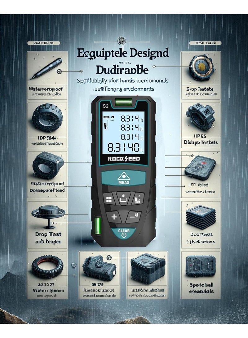 عداد ليزر، 50 متر/165 قدم، عداد مسافة ليزر رقمي مع مستويين فقاعيين، وحدة تبديل م/بوصة/قدم، شاشة LCD بإضاءة خلفية ووضع فيثاغورس، قياس المسافة والمساحة والحجم - Image 5
