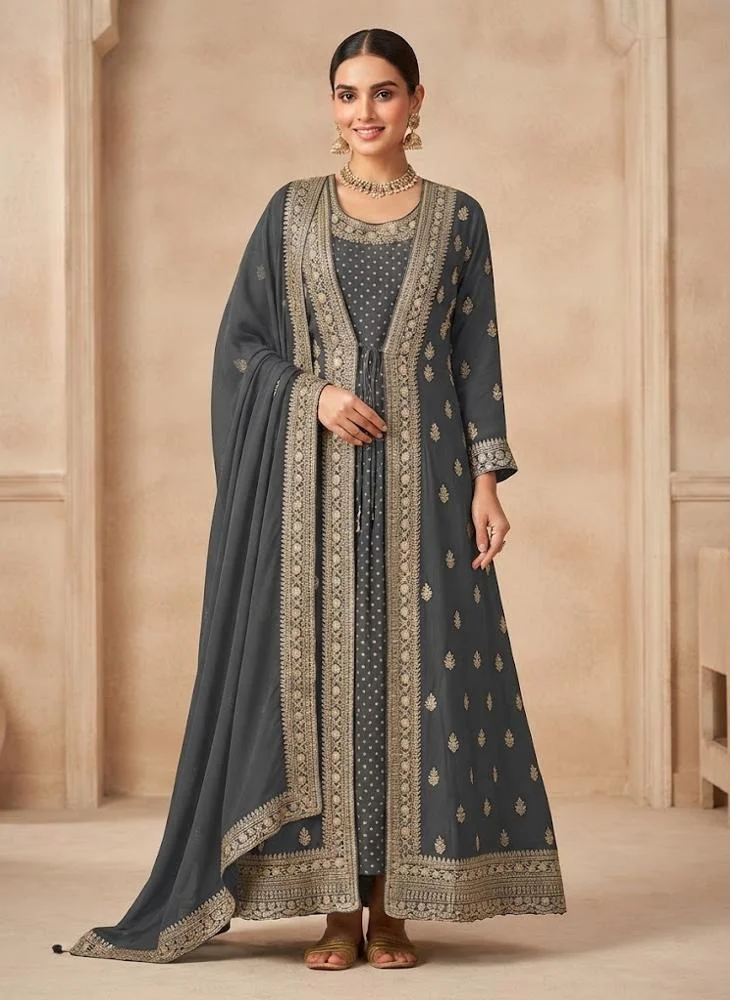 Viny VINY Grey 3-Piece Polka Dot Jacket-Style Suit Set – Women's Indian Ethnic Wear