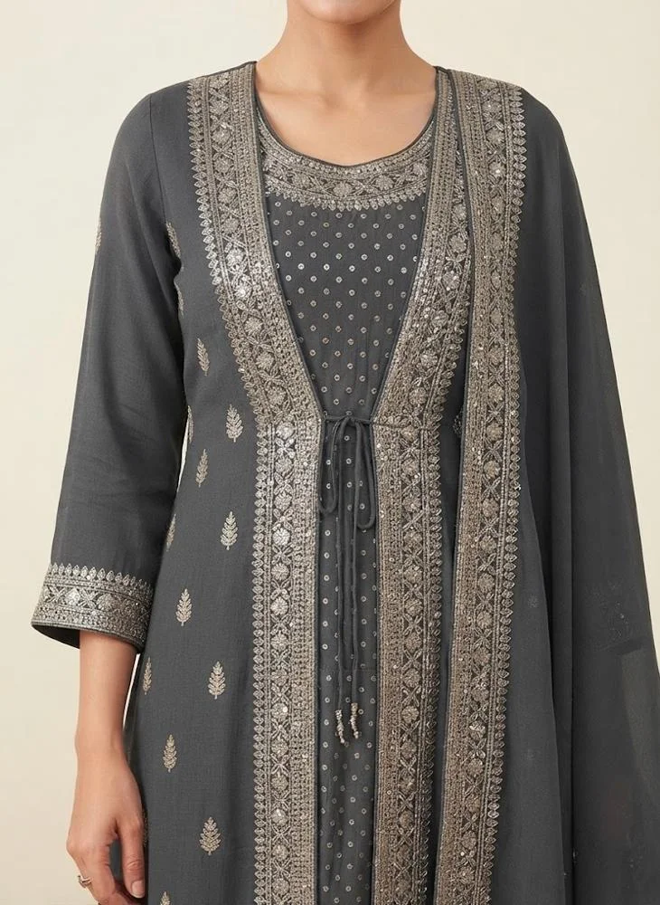 Viny VINY Grey 3-Piece Polka Dot Jacket-Style Suit Set – Women's Indian Ethnic Wear