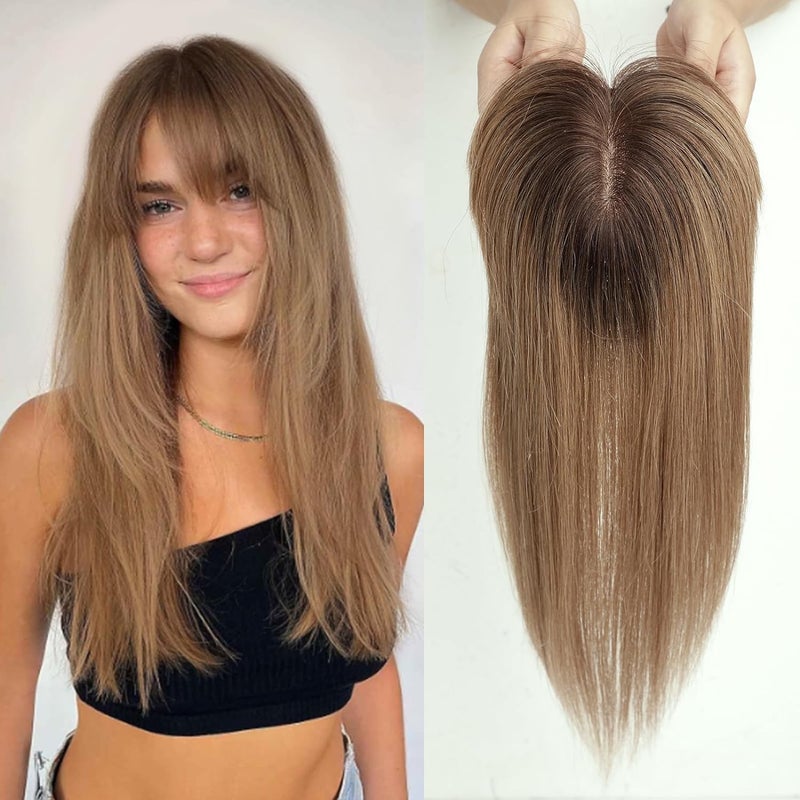 HAIRCUBE Hair Toppers For Women Top Hairpieces 100 Remy Human Hair With Bangs 150 Density Silk Base Clip In Topper For Slight Hair LossThinning HairGray Hair 14 inch 40g  Ombre Ash Blonde