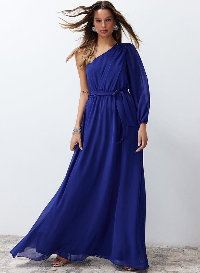 trendyol Saks A-Cut One Sleeve Accessories Woven Chiffon Long Evening Evening Dress TPRSS24AE00085  - Image 1