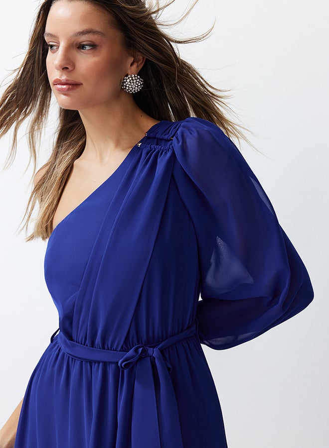 trendyol Saks A-Cut One Sleeve Accessories Woven Chiffon Long Evening Evening Dress TPRSS24AE00085  - Image 3