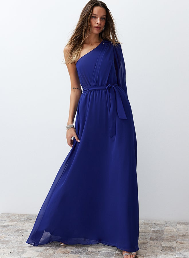 trendyol Saks A-Cut One Sleeve Accessories Woven Chiffon Long Evening Evening Dress TPRSS24AE00085  - Image 2