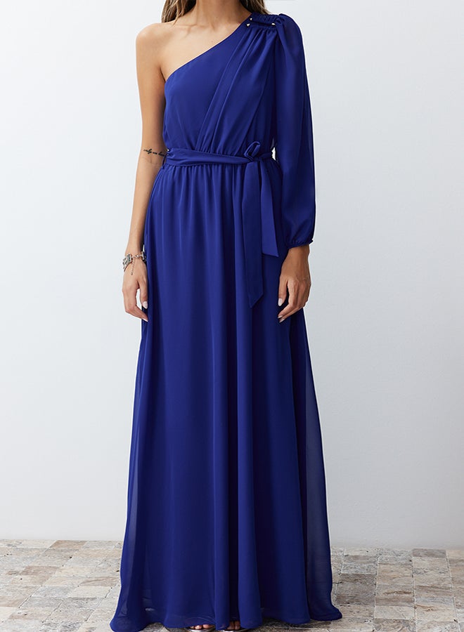 trendyol Saks A-Cut One Sleeve Accessories Woven Chiffon Long Evening Evening Dress TPRSS24AE00085  - Image 4