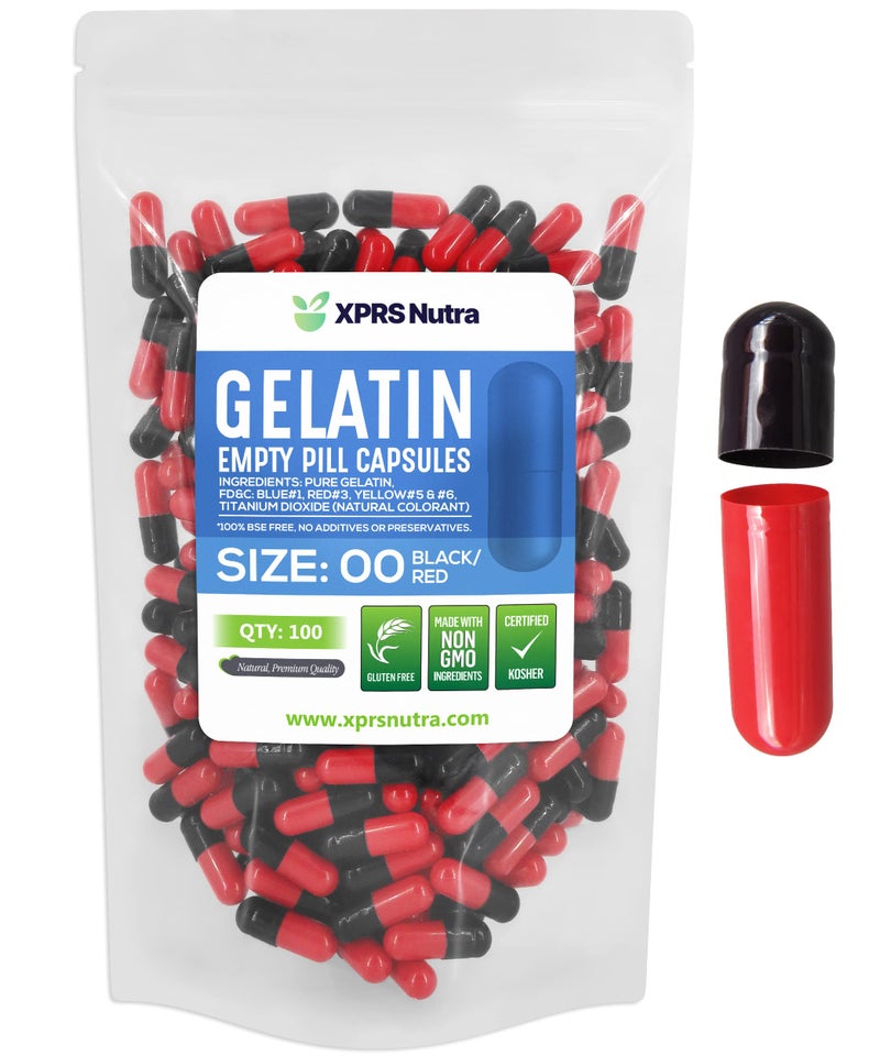 XPRS Nutra Size 00 Empty Capsules - 100 Count Empty Gelatin Capsules - Empty Pill Capsules - DIY Capsule Filling - Fillable Pill Capsules Empty Gel Caps (Black/Red) - Image 1