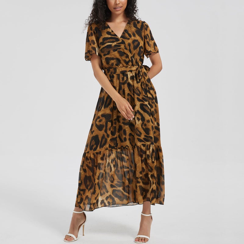 Max Hsuan Women's Summer Bohemian Floral Chiffon Dress Cap Sleeve V Neck Ruffle Long Flowy Boho Casual Vacation Dresses Leopard Print - Image 2