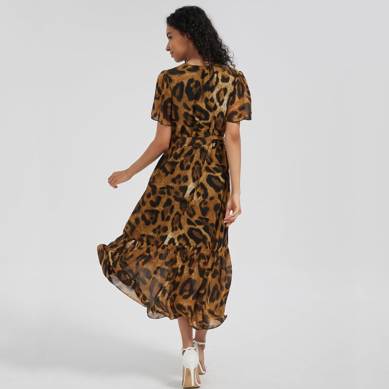 Max Hsuan Women's Summer Bohemian Floral Chiffon Dress Cap Sleeve V Neck Ruffle Long Flowy Boho Casual Vacation Dresses Leopard Print - Image 5