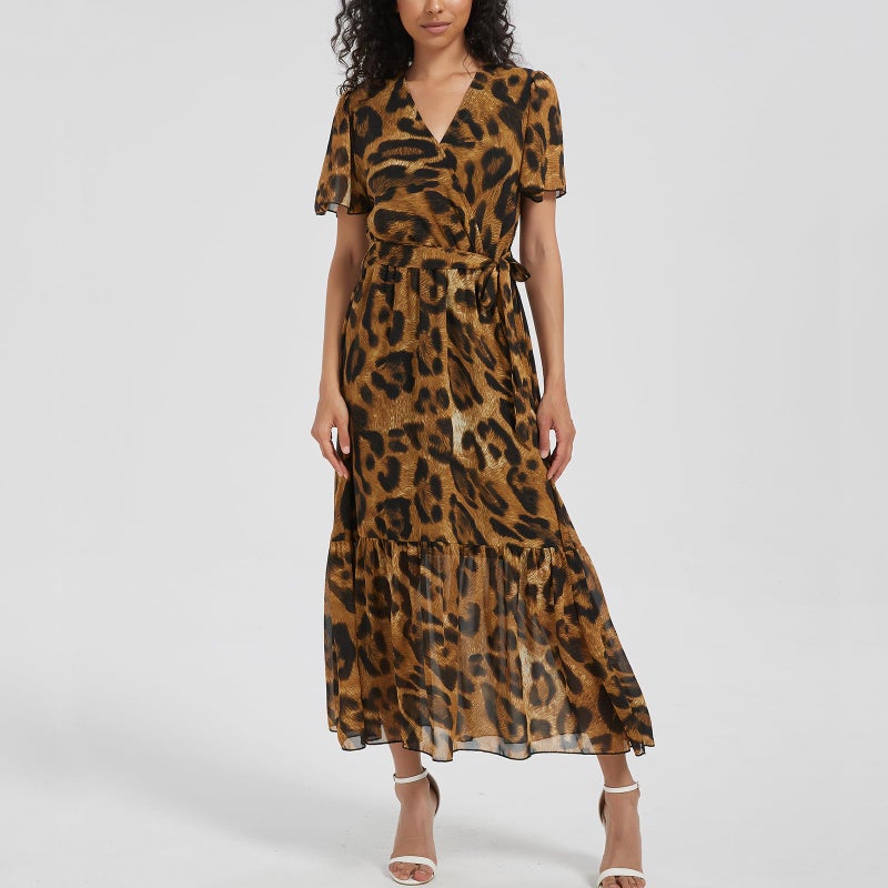 Max Hsuan Women's Summer Bohemian Floral Chiffon Dress Cap Sleeve V Neck Ruffle Long Flowy Boho Casual Vacation Dresses Leopard Print - Image 3