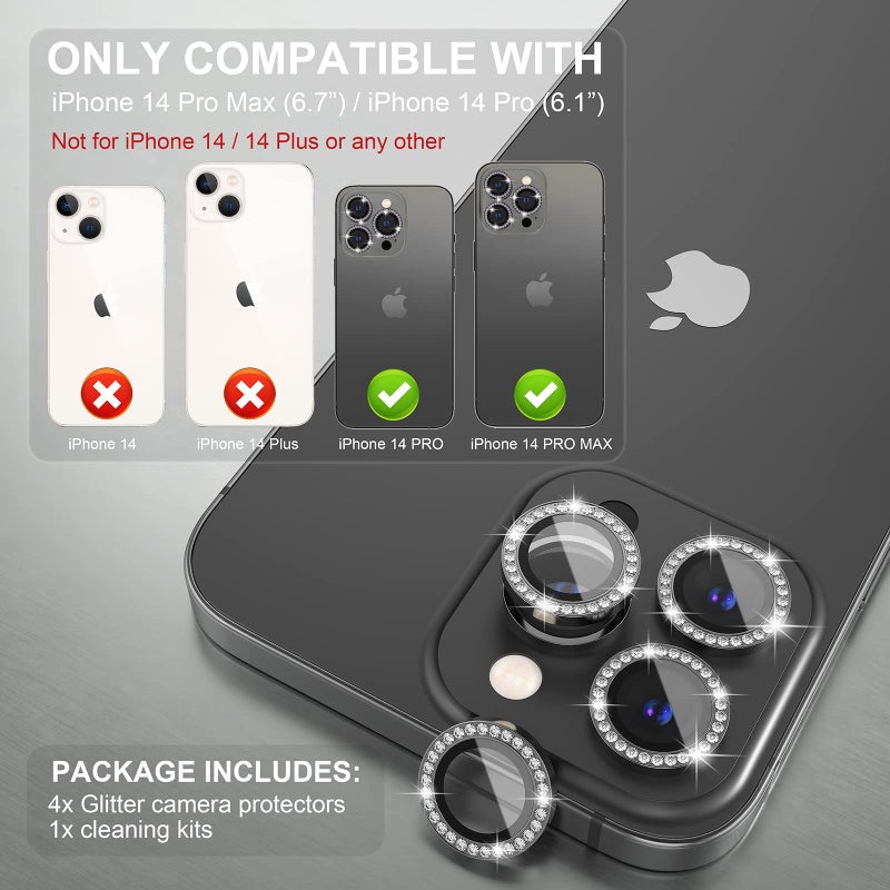Choiche Compatible for iPhone 14 Pro/iPhone 14 Pro Max Camera Lens Protector Bling, 9H Tempered Glass Camera Cover Screen Protector Metal Ring Decoration Accessories (Diamond-Black) - Image 2