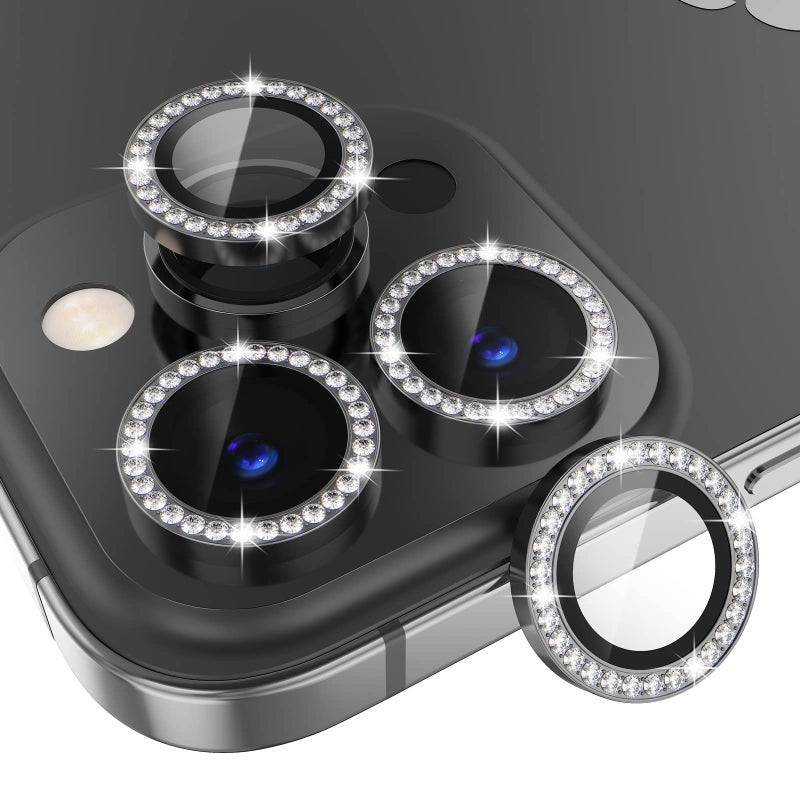 Choiche Compatible for iPhone 14 Pro/iPhone 14 Pro Max Camera Lens Protector Bling, 9H Tempered Glass Camera Cover Screen Protector Metal Ring Decoration Accessories (Diamond-Black) - Image 1