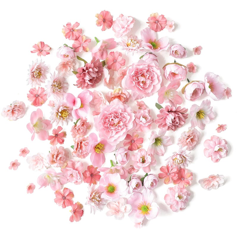 Floroom Mini Artificial Flower Heads Pink & Blush Fake Peony Daisy Rose Multicolor Small Faux Silk Flower Heads for Cake Craft Garland Wedding Party Graduation Cap DIY Home Decoration, 0.8"-3.6" - Image 1
