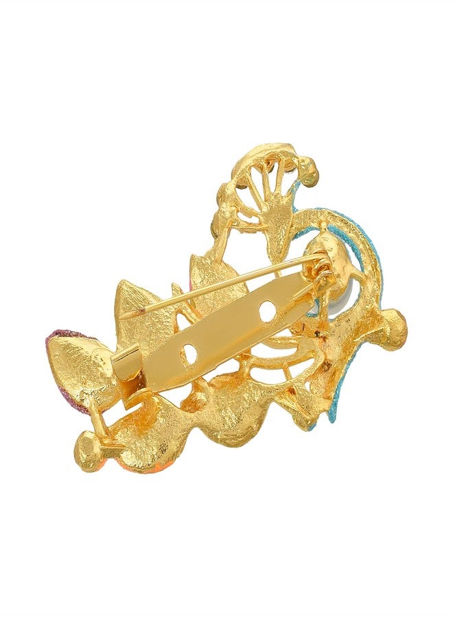 Memoir Brass Goldplated Colourful elegant Peacock design Zari Finish Sareepin Dupatta pin Brooch Men Women (SPDM3626) - Image 3