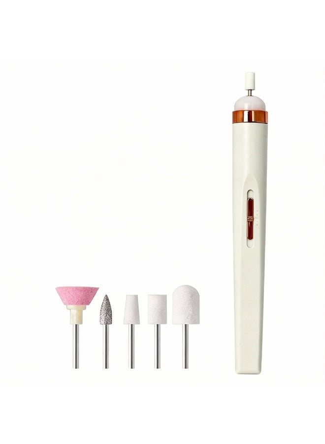 PEAKOVIA 5-in-1 Portable Electric Nail Drill Machine, Cordless Manicure & Pedicure Kit with 5 Grinding Heads, USB Rechargeable - White - Image 3