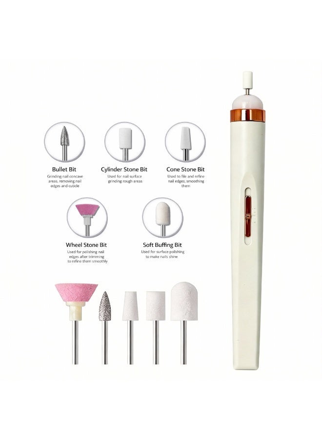 PEAKOVIA 5-in-1 Portable Electric Nail Drill Machine, Cordless Manicure & Pedicure Kit with 5 Grinding Heads, USB Rechargeable - White - Image 4