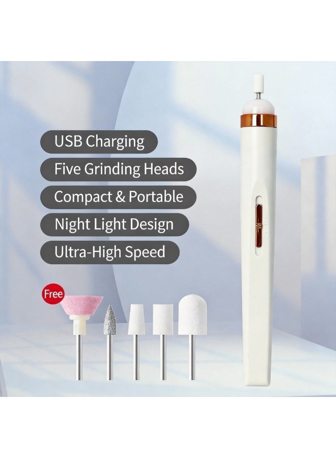 PEAKOVIA 5-in-1 Portable Electric Nail Drill Machine, Cordless Manicure & Pedicure Kit with 5 Grinding Heads, USB Rechargeable - White - Image 5