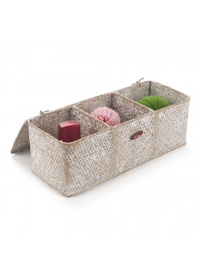 DECRAFTS Seagrass Storage Basket with Lid Rectangular Small Woven Shelf Baskets with Sections for Organize Snack Toys Whitewash - Image 1